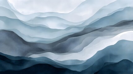Flowing abstract watercolor painting depicting a serene layered mountain landscape in a muted palette of blue and gray hues with soft misty brushstrokes creating a sense of depth and atmosphere