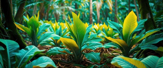 Obraz premium Fresh young taro leaves in a tropical forest
