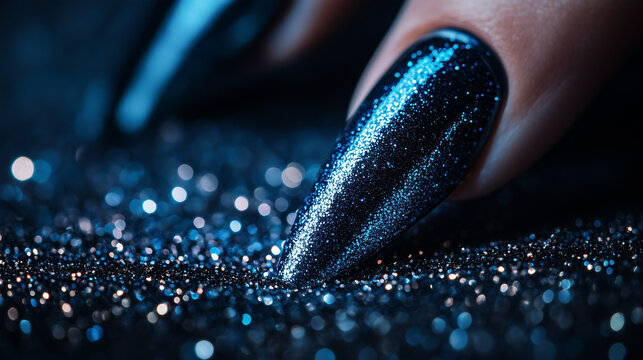 Fingers with glittering black stiletto nails dipped in  powder. Concept of grunge fashion, halloween style	
