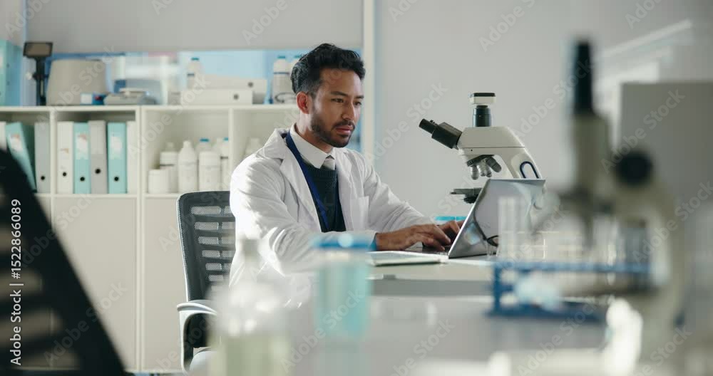 Poster microscope, science and laptop with man in laboratory for forensic, toxicology report and research. 