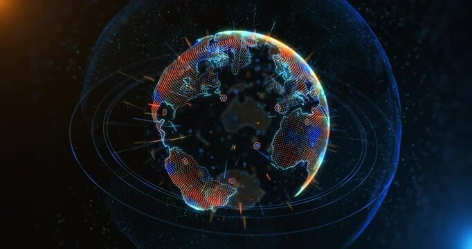 Earth globe with holograms lights and particles spinning in space. Connection and technology concept. I made this video with 3d program, using its 3d animation features. Seamless looping 4k