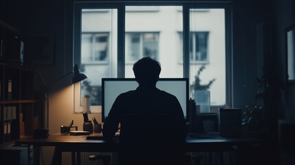 Silhouette of a person working on a computer at night in a home office setting