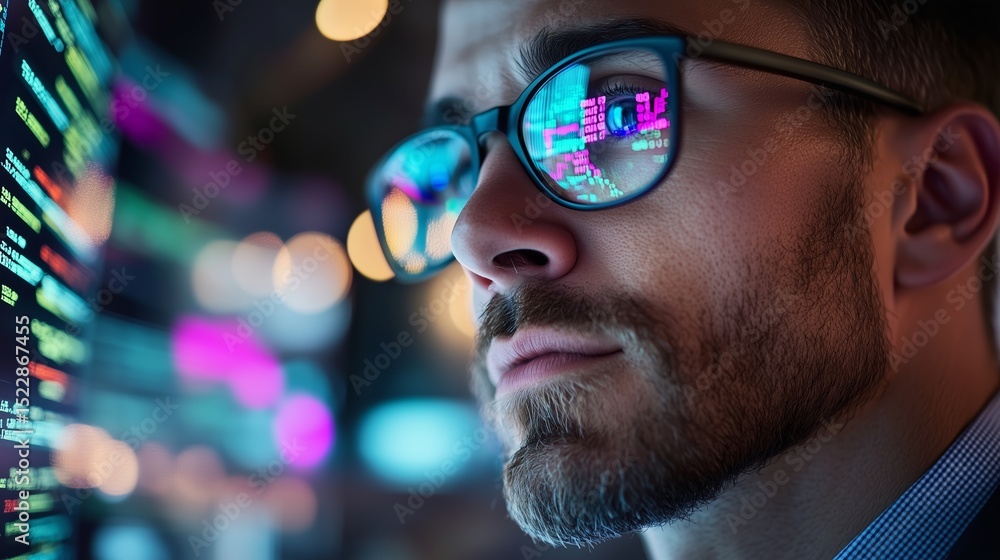 Poster professional man analyzing digital stock market data with glasses reflecting vibrant charts and numb