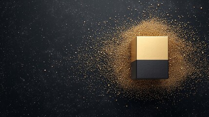 Black and Gold Gift Box on Dark Glitter Background