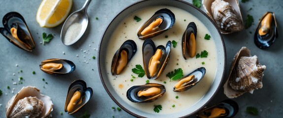 Fototapeta premium Cream Soup With Mussels In Shell on Sea Food Background, Top View