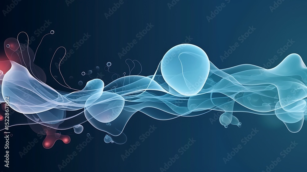 Poster abstract fluid forms with glowing bubbles and lines on dark blue background design