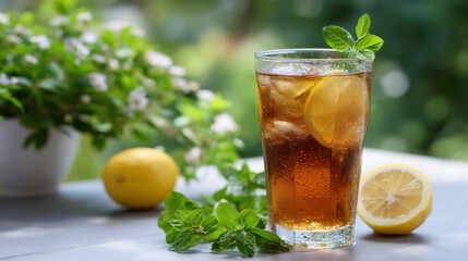 Refreshing iced tea beverage with lemon and mint sprigs decoration. AI generated.