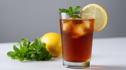 Refreshing iced tea beverage with lemon and mint sprigs. AI generated