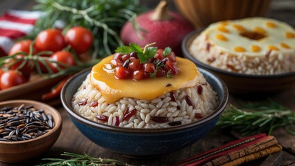 American wild rice Baked Maw with cheese and tomatoes, presented in a bowl, surrounded by fresh ingredients.