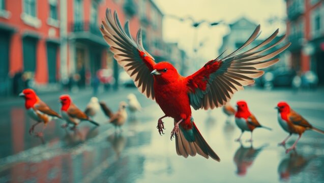 Beautiful Red Bird Is Flying with Group Of Birds In Background, Street Style.