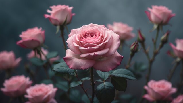 A single pink rose flower, close-up on the head of the flower