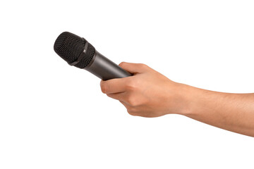Hand holding wireless microphone isolated. Premium high quality studio shot. Concept for...