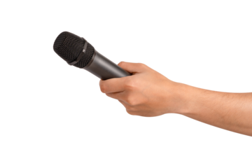 Hand holding wireless microphone isolated. Premium high quality studio shot. Concept for entertainment and recreation.	
