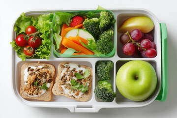 Healthy school lunch box showcasing colorful fruits and vegetables arranged neatly for a nutritious midday meal