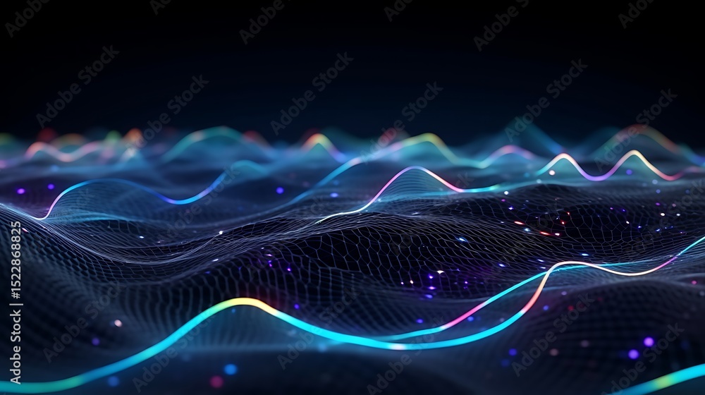 Poster abstract digital waveform background featuring colorful glowing lines and mesh texture representing 