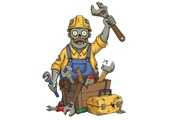 Undead Handyman A Hilarious Zombie Cartoon Illustration of a Construction Worker with Tools