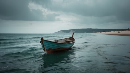 Fototapeta premium Boat on the sea with the beach in the background, featuring empty space for text.