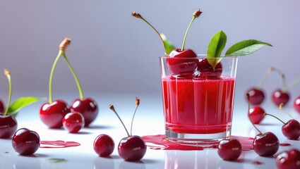 Cherry juice in a glass with fresh cherries and green leaves on white background, with empty space for text. Refreshing summer healthy drink.