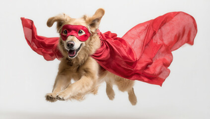 Joyful golden retriever superhero leaping in red cloak and mask with playful spirit against a bright background