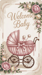 Adorable vintage-style illustration of a pink baby carriage with a smiling newborn girl and “Welcome Baby” text, perfect for announcing the expected arrival of a baby girl.