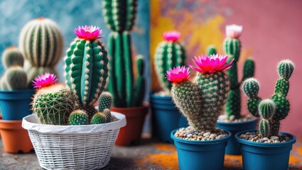 Colorful Cactus in White Basket and Colorful Cactus in Plastic Pots Arranged. Includes Empty Copy Space for Text.