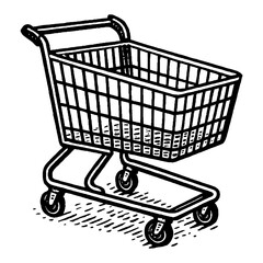 Shopping Cart Market Trolley in Black and White Outline Line Art Drawing Illustration