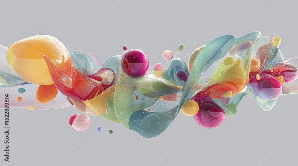 Aufkleber Colorful abstract 3D composition with floating shapes and dynamic swirls in colorful objects and pastel tones