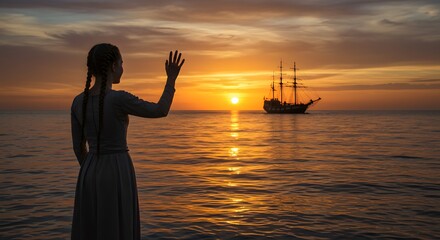 Woman Waves to a Ship on Ocean During Sunset