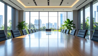 Fototapeta premium Conference room view wood table, leather chairs, floor to ceiling windows, city background