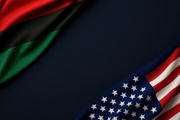 Juneteenth banner with deep navy blue premium background, centered Pan-African and American flags, symbolizing Freedom Day in the USA — modern luxury design for celebration with copy space