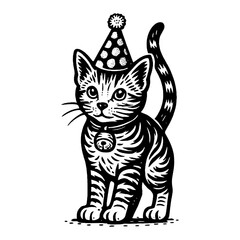 U Adorable Cat with Party Hat and Bell Black and White Outline Line Art Drawing Illustration
