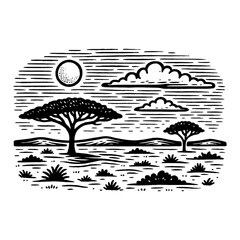 African Savanna Landscape with Trees Clouds and Sun Black and White Outline Line Art Drawing