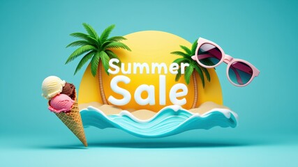 Summer sale banner with ice cream cone, sunglasses, tropical palm trees and ocean waves on bright blue background