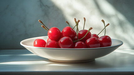 Fresh red cherries in a white bowl on table