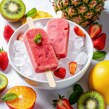Lebendige und frische Food-Fotografie von Erdbeer-Eispops, serviert auf zersto&szlig;enem Eis und umgeben von tropischen Fr&uuml;chten wie Mango, Kiwi und Ananas. Ideal f&uuml;r Sommerwerbung, gesunde Ern&auml;hrung
