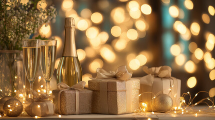 Festive holiday setup with glowing lights, wrapped gifts, and champagne on an elegant table, celebrating warmth and joy