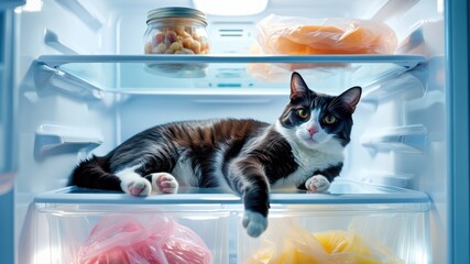 Black and white cat lying inside open refrigerator on shelf to cool off on hot summer day