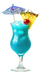 A vibrant Blue Hawaii cocktail served in a tall hurricane glass, bright blue tropical drink.