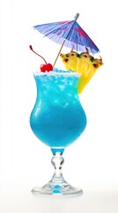 A vibrant Blue Hawaii cocktail served in a tall hurricane glass, bright blue tropical drink.