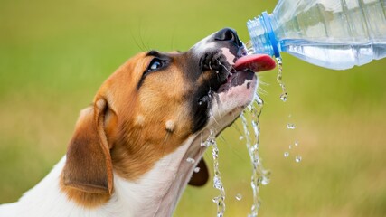Thirsty dog drinking water from plastic bottle on a hot summer day in the park © olgakris