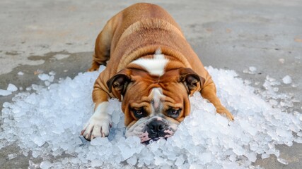 Bulldog lying on crushed ice to cool down during extreme summer heat outdoors