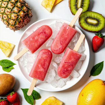 Lebendige und frische Food-Fotografie von Erdbeer-Eispops, serviert auf zersto&szlig;enem Eis und umgeben von tropischen Fr&uuml;chten wie Mango, Kiwi und Ananas. Ideal f&uuml;r Sommerwerbung, gesunde Ern&auml;hrung