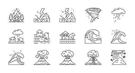 Line Art Icons Natural Disaster and Catastrophe Illustrations
