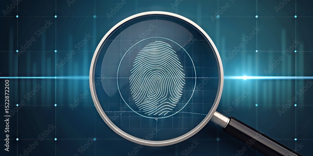 Poster Digital Banking Concepts and Innovations. Magnifying glass focusing on a fingerprint with digital elements in the background.