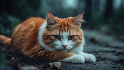Obraz premium A beautiful shot of a red and white cat resting on ground