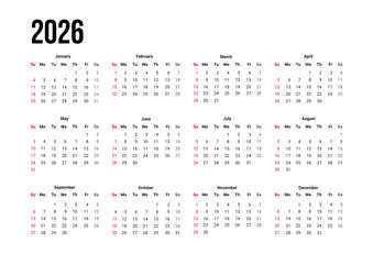 Simple calendar 2026 with week start Sunday. Vector design template corporate of a wall or desk calendar