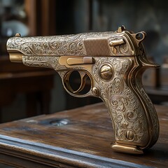 Fine crafted golden pistol with ornate detailing High Resolution Picture