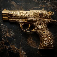 Lavish gold-plated gun with intricate patterns High Resolution Picture