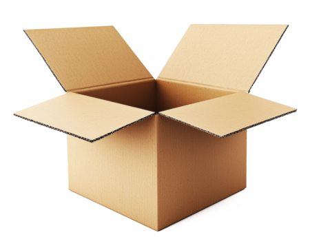3D rendering of a new condition cardboard shipping box, slightly open, isolated on white background for logistics and delivery concepts