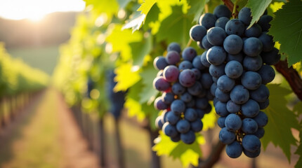 Fototapeta premium Beautiful dark purple grape clusters hanging on a vine in a sun-drenched vineyard, symbolizing autumn harvest and wine production